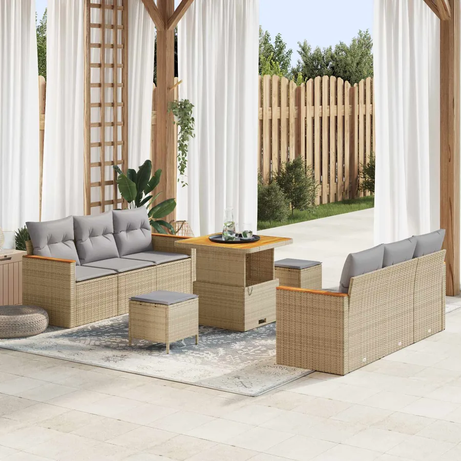Ensemble de canapé de jardin 9 pcs Beige polyrotin
