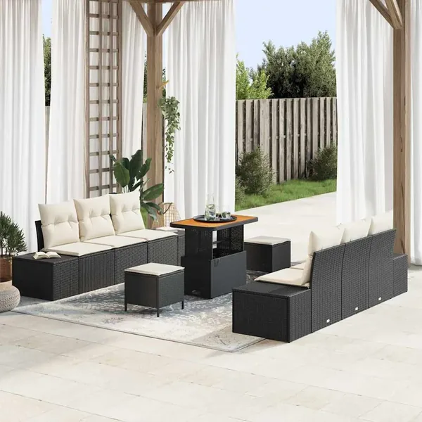 Ensemble de canapé de jardin avec coussin 9 pcs Noir polyrotin