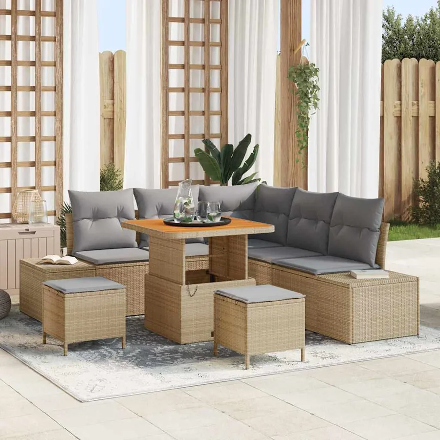 Ensemble de canapé de jardin avec coussin 8 pcs Beige polyrotin