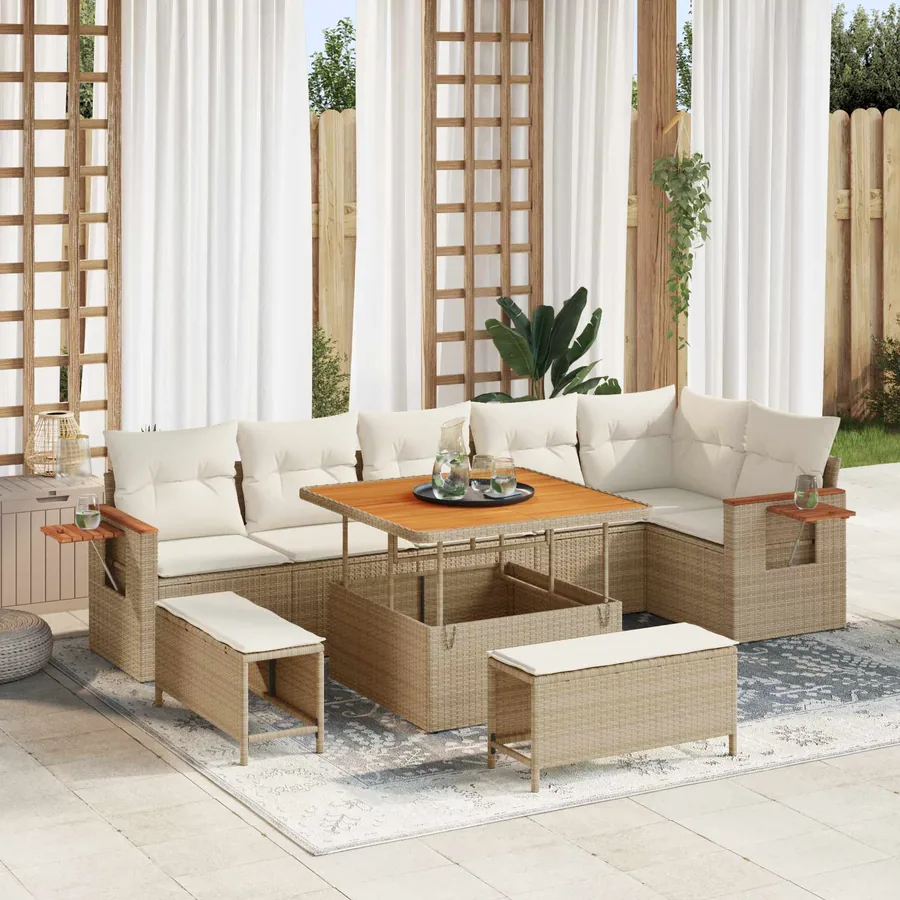 Ensemble de canapé de jardin 9 pcs Beige polyrotin