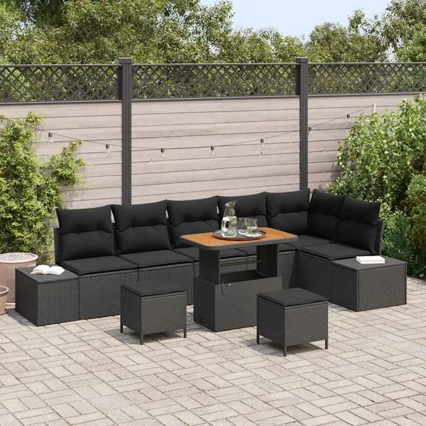 Ensemble de canapé de jardin avec coussin 9 pcs Noir polyrotin