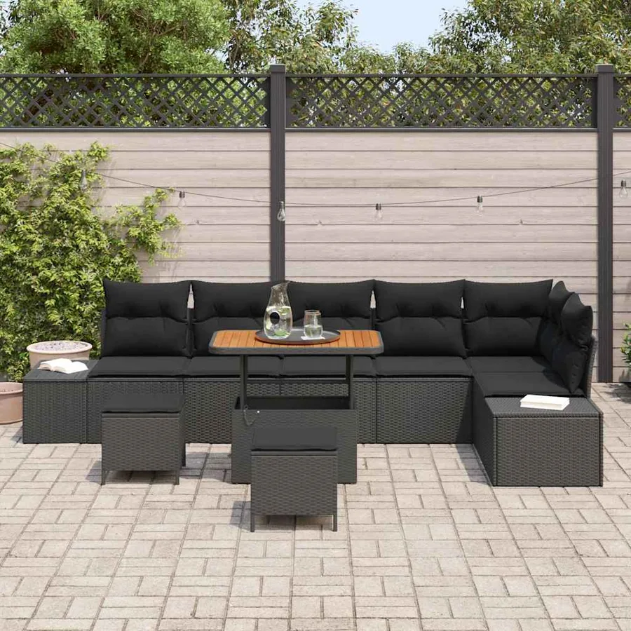 Ensemble de canapé de jardin avec coussin 9 pcs Noir polyrotin - 3