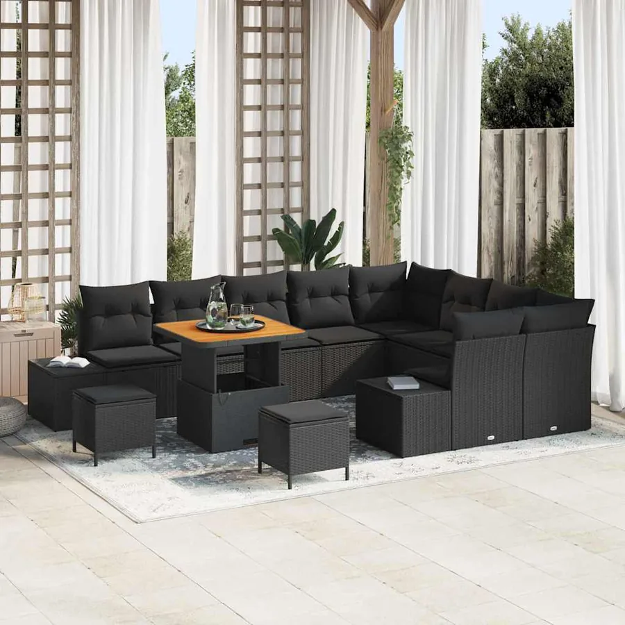 Ensemble de canapé de jardin avec coussin 12 pcs Noir polyrotin
