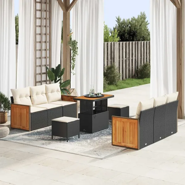 Ensemble de canapé de jardin avec coussin 9 pcs Noir et Crème