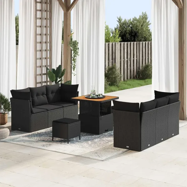 Ensemble de canapé de jardin avec coussin 9 pcs Noir polyrotin