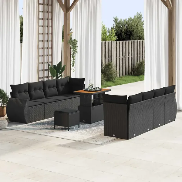 Ensemble de canapé de jardin 11 pcs Noir Poly rotin