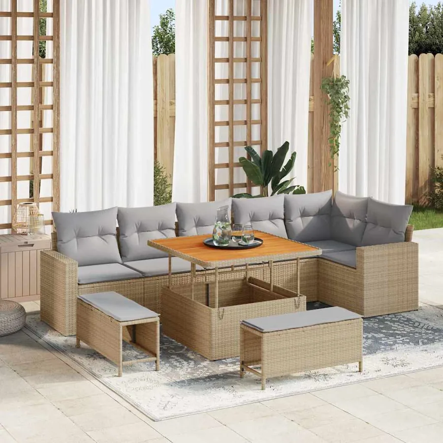 Ensemble de canapé de jardin 9 pcs Beige polyrotin