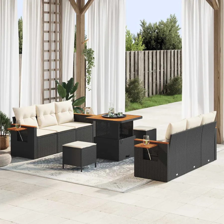 Ensemble de canapé de jardin 9 pcs Noir polyrotin