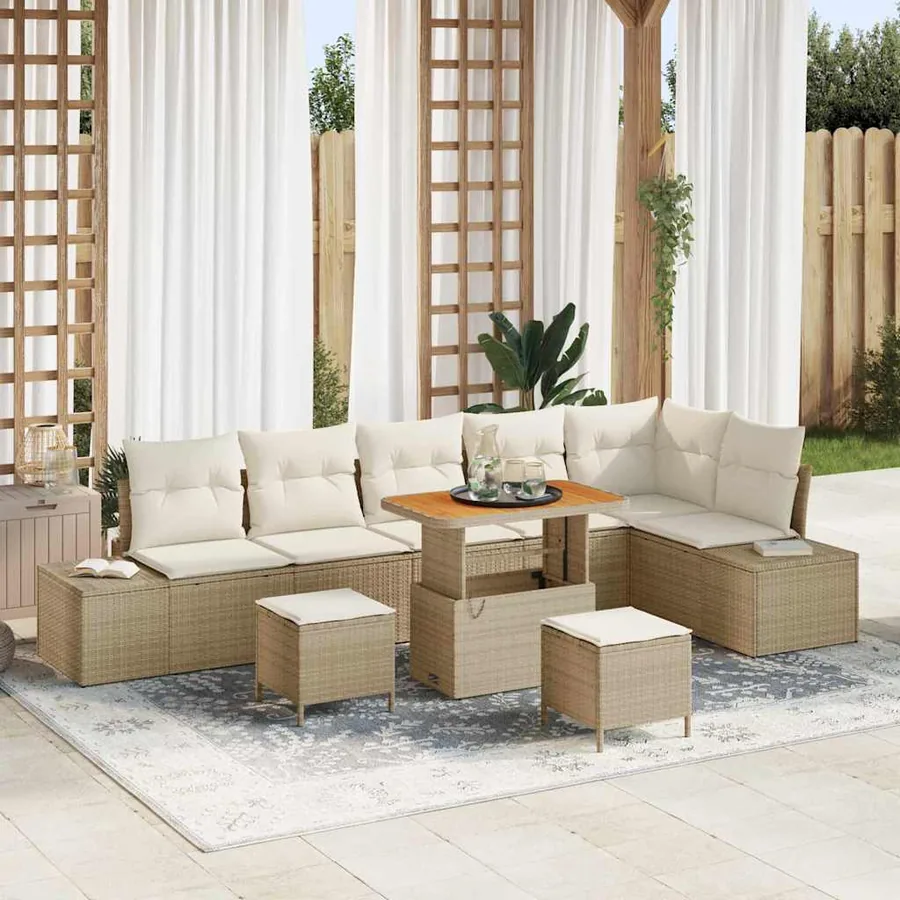 Ensemble de canapé de jardin avec coussin 9 pcs Beige polyrotin