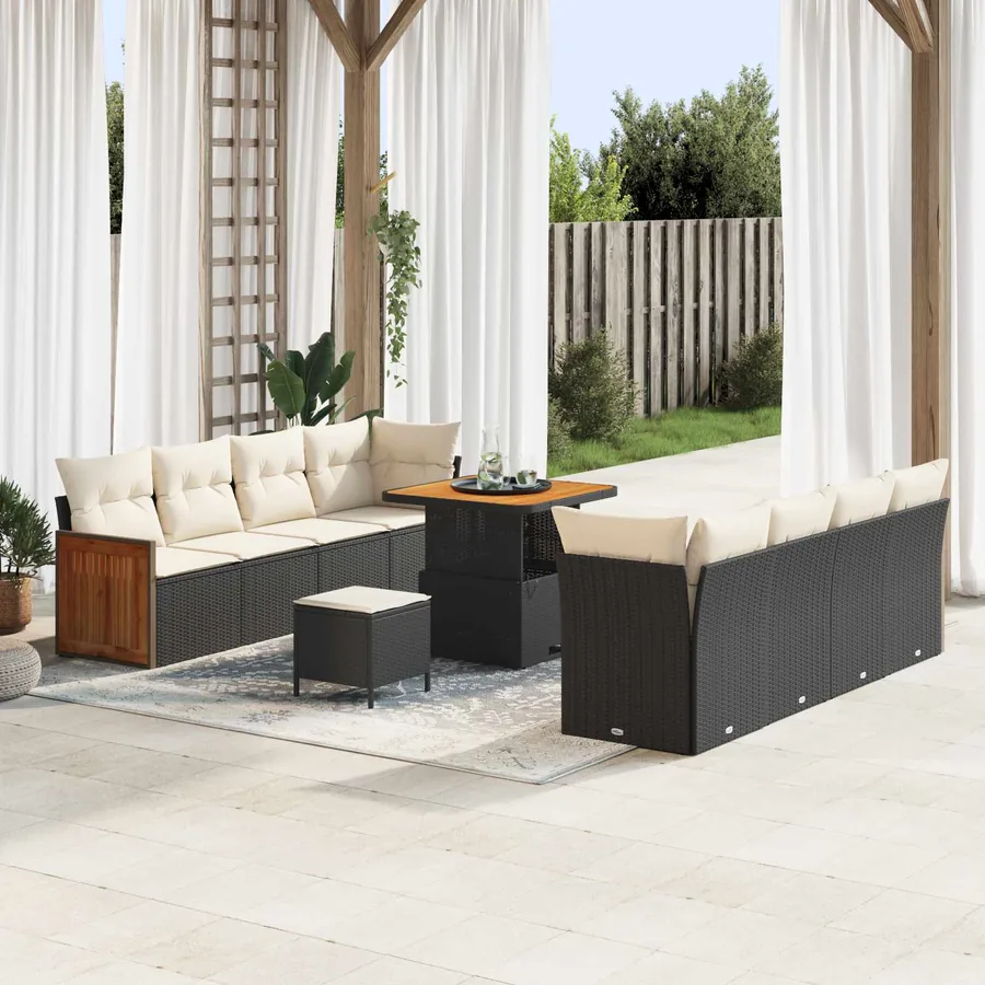 Ensemble de canapé de jardin avec coussin 11 pcs Noir et Crème