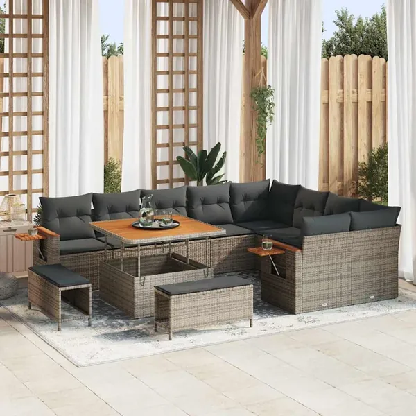 Ensemble de canapé de jardin avec coussin 13 pcs Gris polyrotin