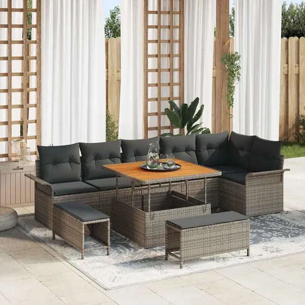 Ensemble de canapé de jardin avec coussin 9 pcs Gris polyrotin