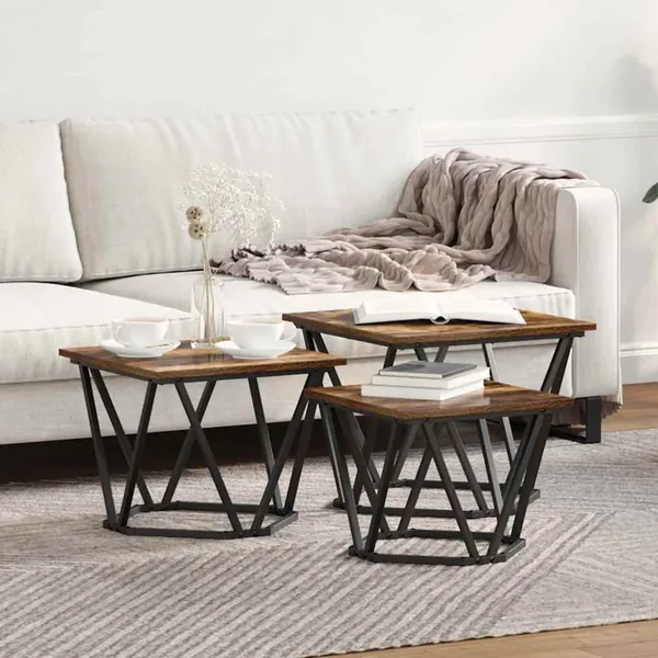 Table basse 3 pcs Chêne fumé Bois d'ingénierie et acier