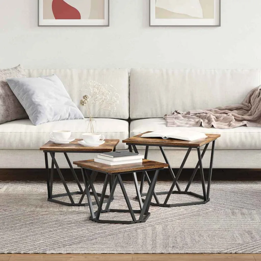 Table basse 3 pcs Chêne fumé Bois d'ingénierie et acier - 4