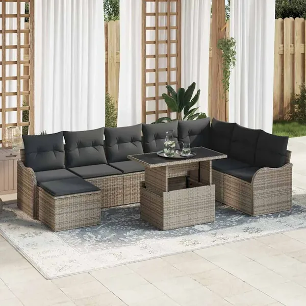 Ensemble de canapé de jardin avec coussin 9 pcs Gris Poly rotin