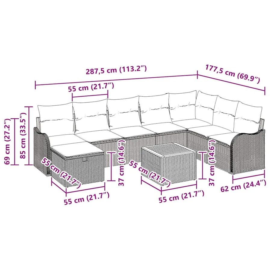 Ensemble de canapé de jardin avec coussin 9 pcs Gris polyrotin - 11