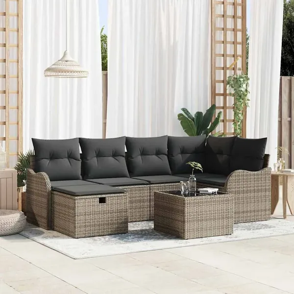 Ensemble de canapé de jardin avec coussin 7 pcs Gris Poly rotin