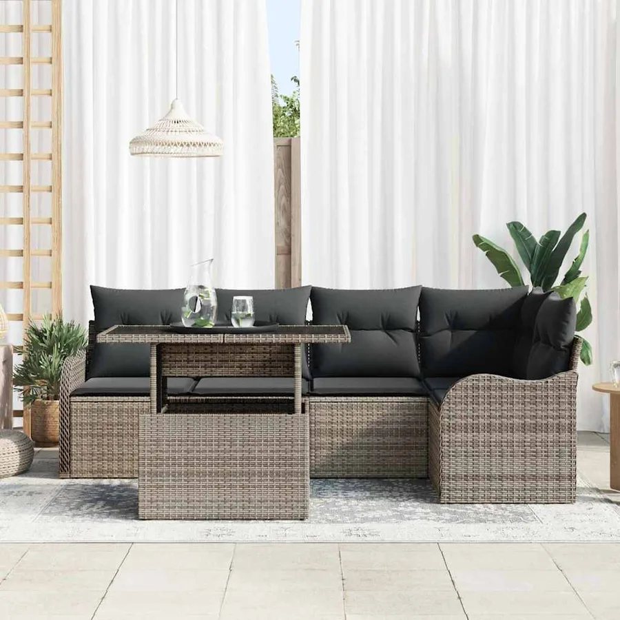 Ensemble de salle à manger avec coussin 6 pcs Gris Poly rotin - 3