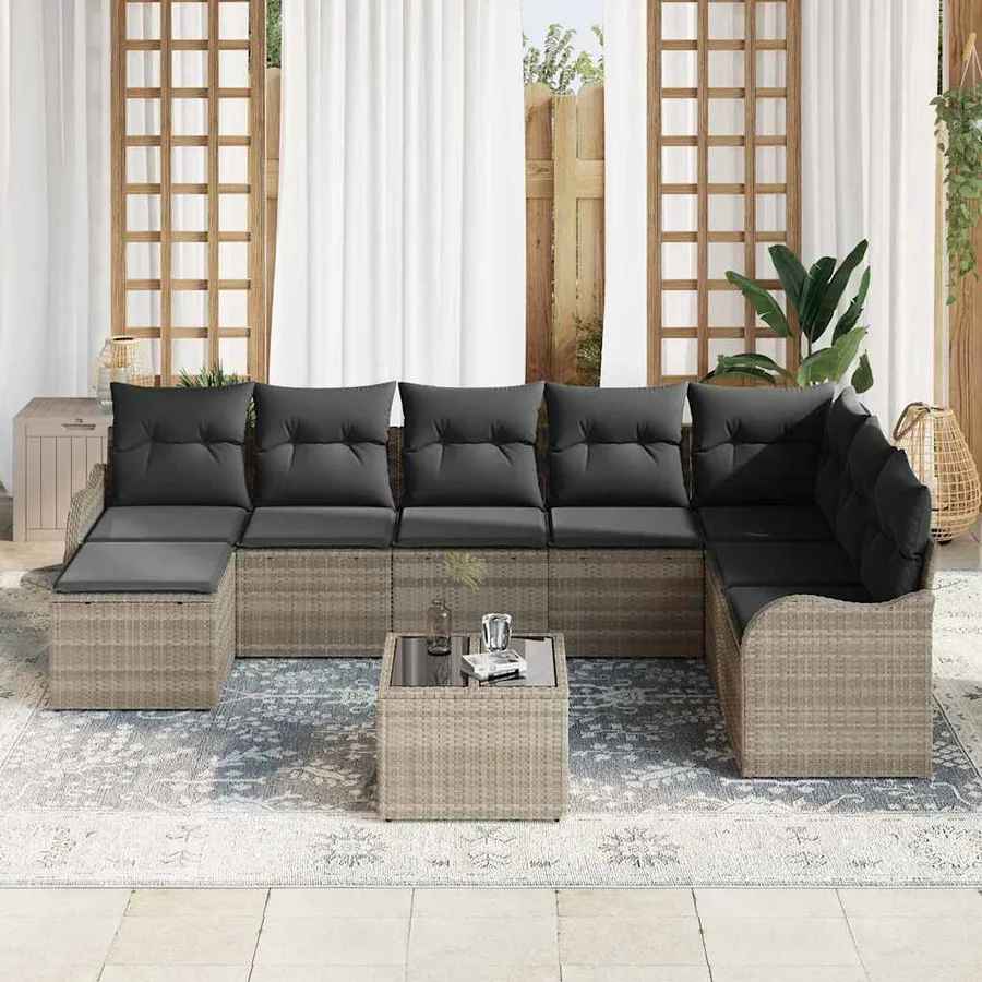 Ensemble de canapé de jardin 9 pcs Gris clair Poly rotin - 3
