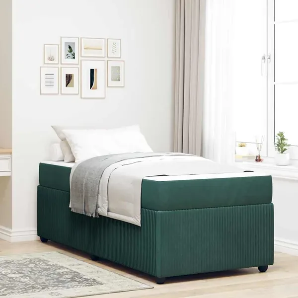Cadre de lit avec matelas Vert foncé 90 x 200 cm tissu