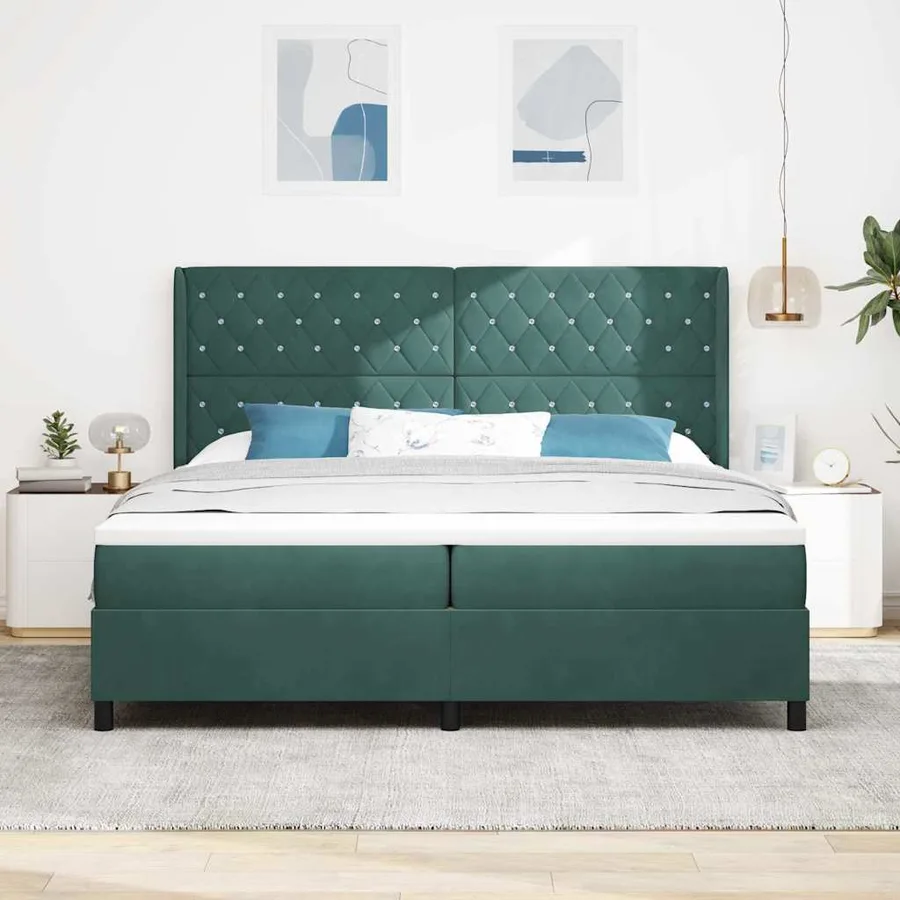 Lit à ressorts avec matelas Vert foncé 200 x 200 cm Velours - 3