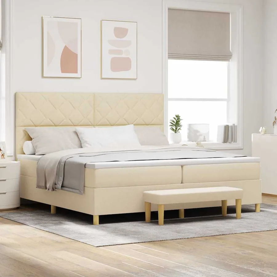 Lit à ressorts avec tête de lit Crème 200 x 200 cm tissu