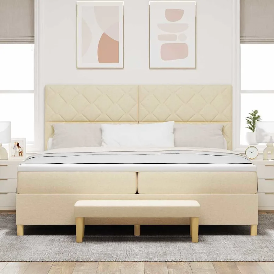 Lit à ressorts avec tête de lit Crème 200 x 200 cm tissu - 3