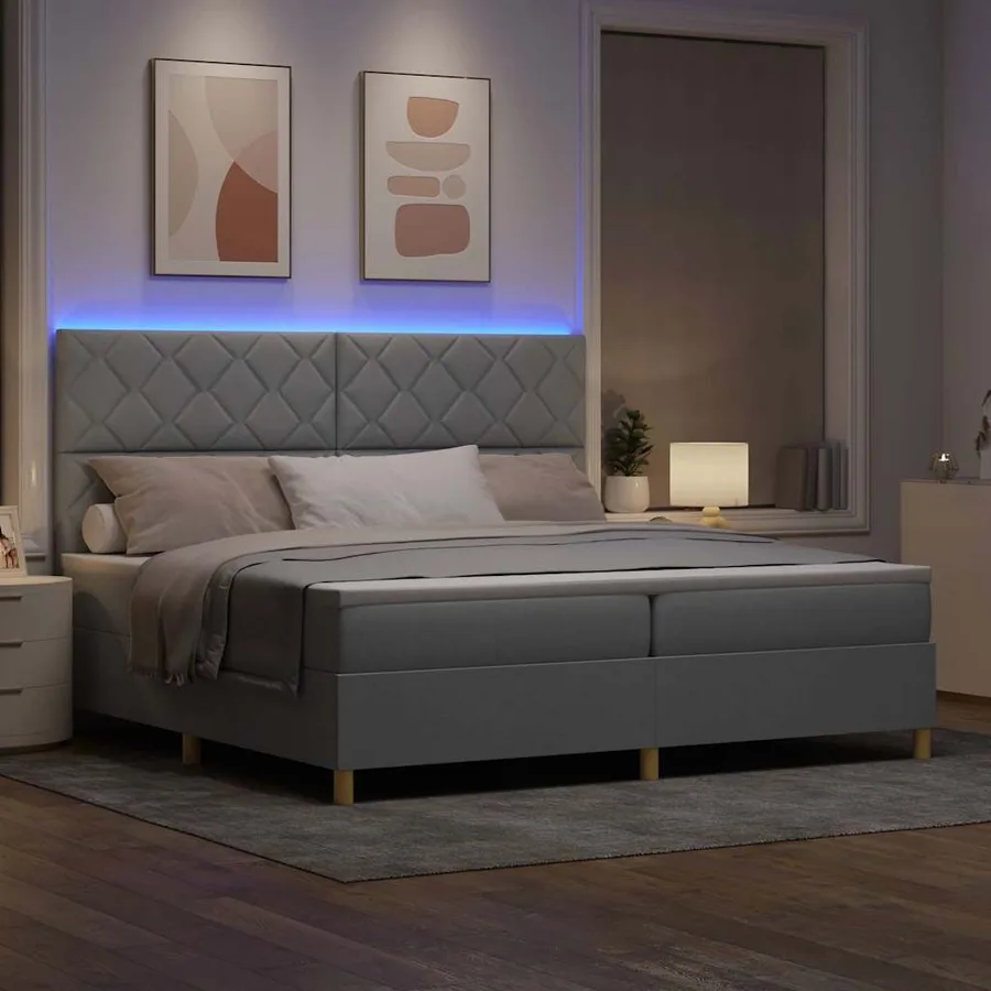 Lit à ressort LED Gris clair 200 x 200 cm tissu - 5