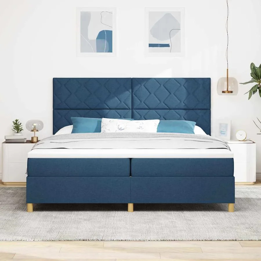 Lit à ressorts avec tête de lit Bleu 200 x 200 cm tissu - 3