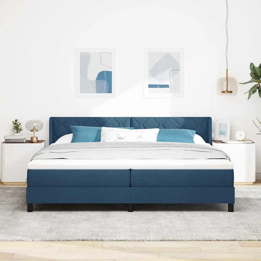 Lit à ressorts avec tête de lit Bleu 200 x 200 cm tissu - 3
