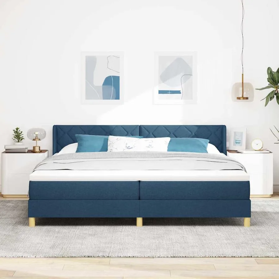 Lit à ressorts avec tête de lit Bleu 200 x 200 cm tissu - 3