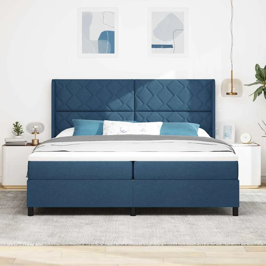 Lit à ressorts avec coussin Bleu 200 x 200 cm tissu