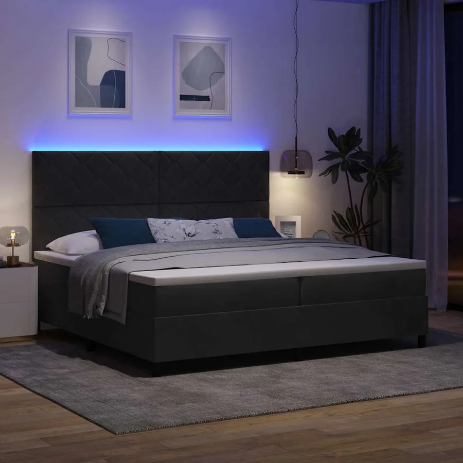 Lit à ressort LED avec tête de lit Noir 200 x 200 cm Velours - 5