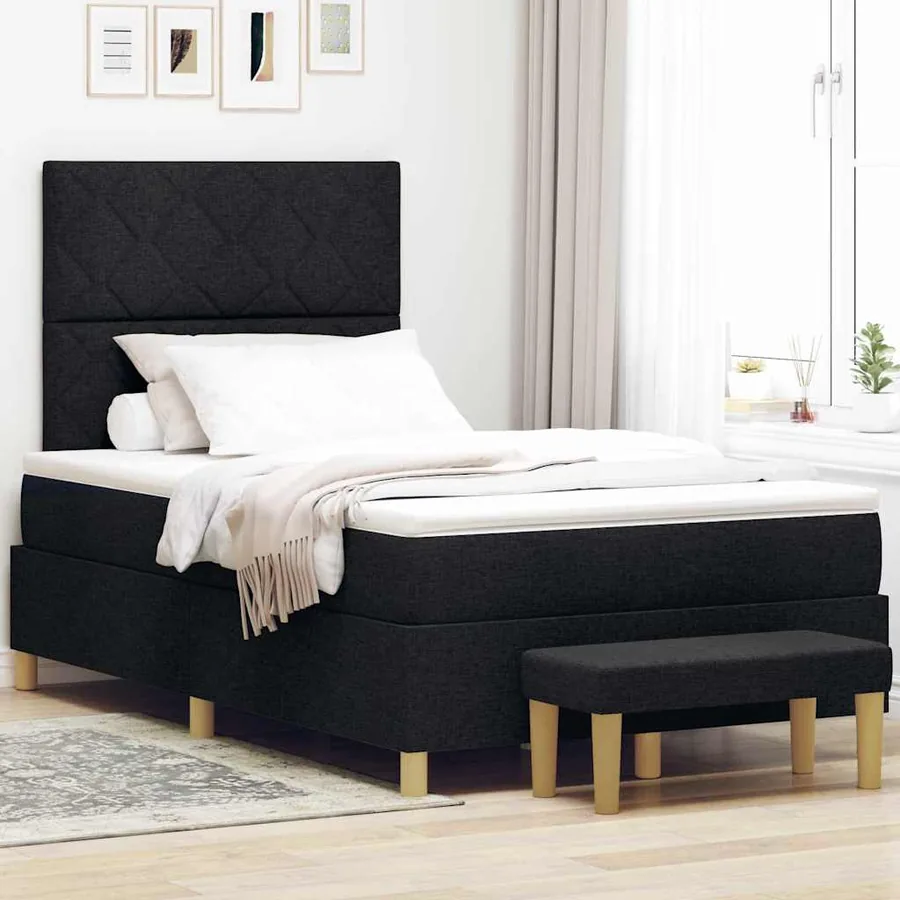 Lit à ressorts avec coussin Noir 200 x 120 cm tissu