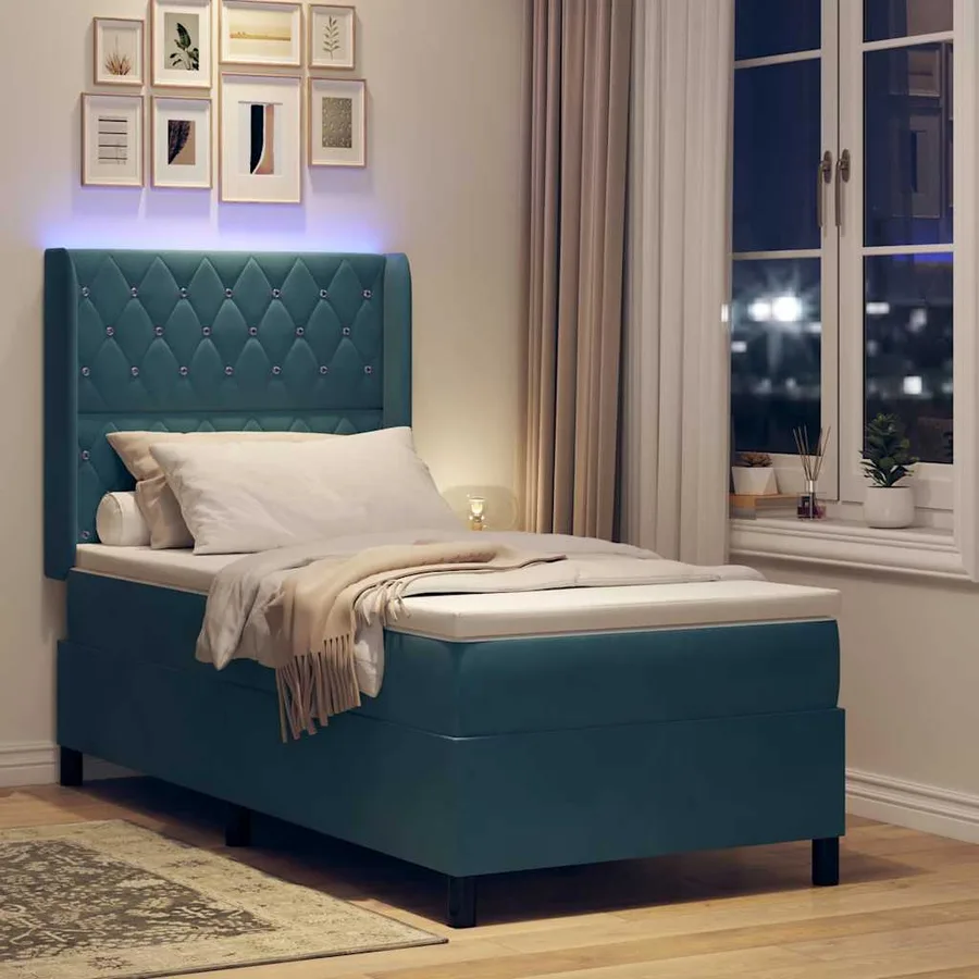 Lit à ressorts avec matelas avec LED Bleu 90 x 200 cm Velours - 5