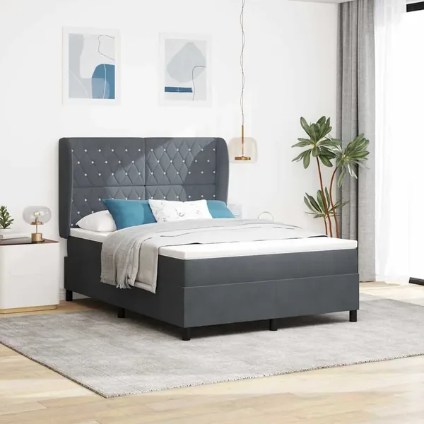 Lit à ressorts avec matelas Gris foncé 190 x 140 cm Velours
