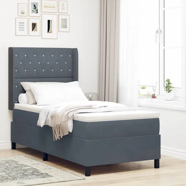 Lit à ressorts avec matelas Gris foncé 90 x 200 cm Velours