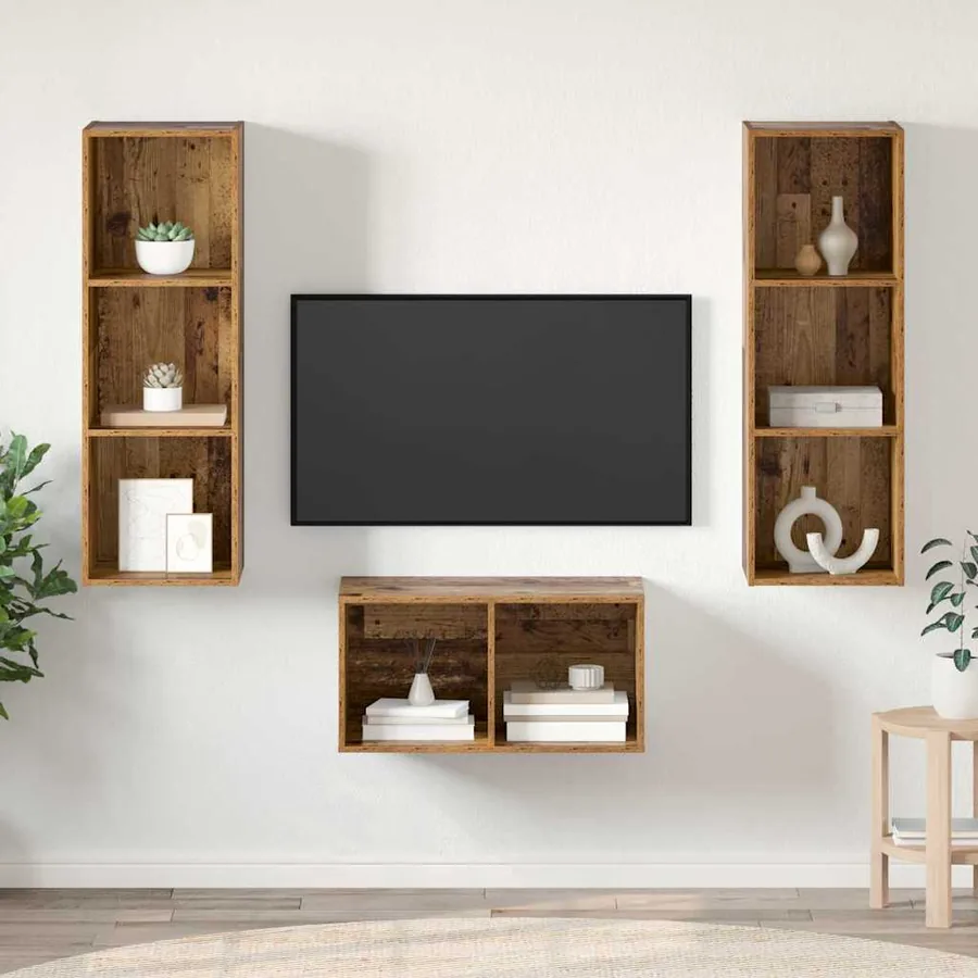Ensemble meuble TV Montage mural Bois Ancien 37 x 37 x 107 cm