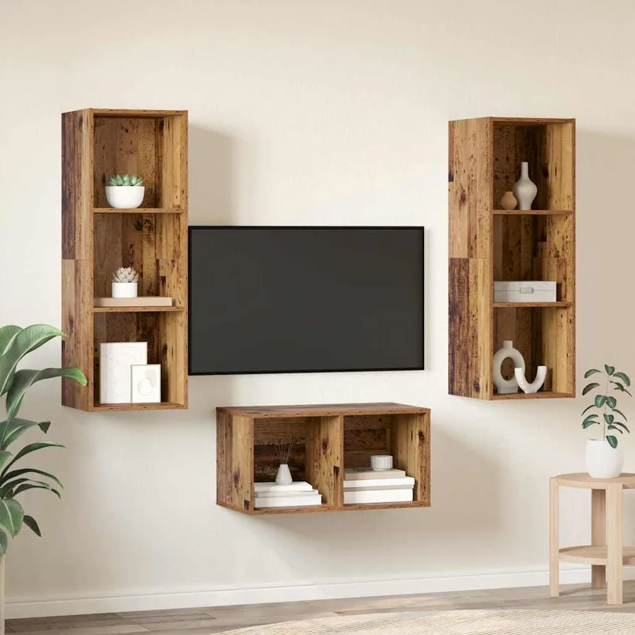 Ensemble meuble TV Montage mural Bois Ancien 37 x 37 x 107 cm - 4