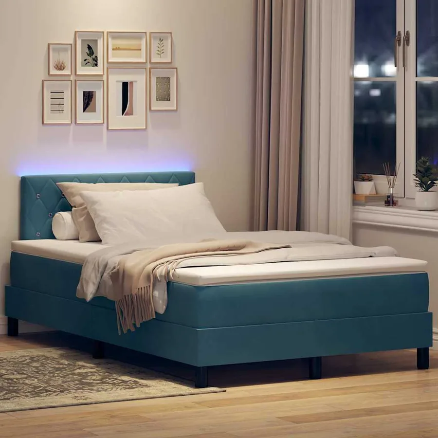 Lit à ressort LED avec matelas Bleu foncé 120 x 190 cm Velours - 5