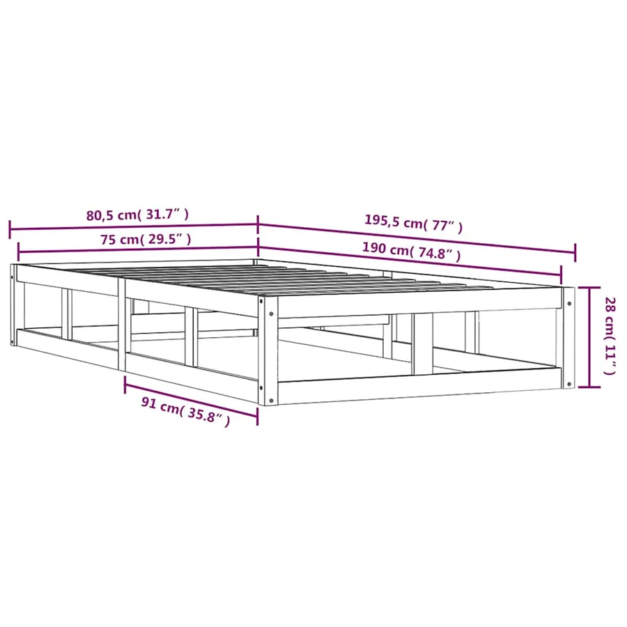 Cadre de lit sans matelas blanc 75x190 cm bois massif - 9