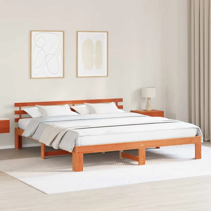 Cadre de lit avec tête de lit Brun cire 180 x 200 cm Pin massif