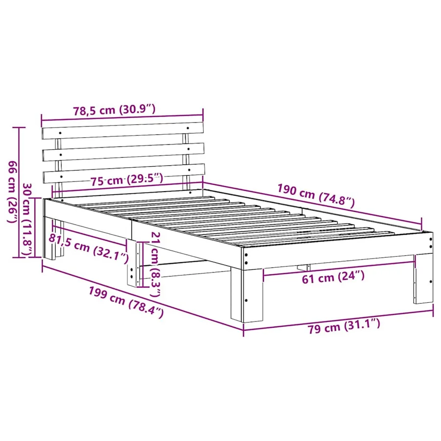 Cadre de lit avec tête de lit Blanc 75 x 190 cm Pin massif - 10