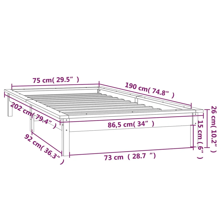 Cadre de lit à LED sans matelas noir 75x190 cm bois massif - 13