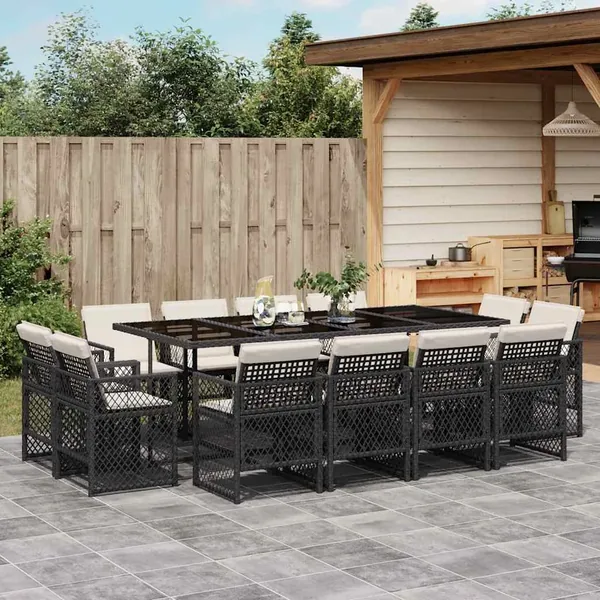 Ensemble à manger de jardin 13 pcs coussins noir résine tressée
