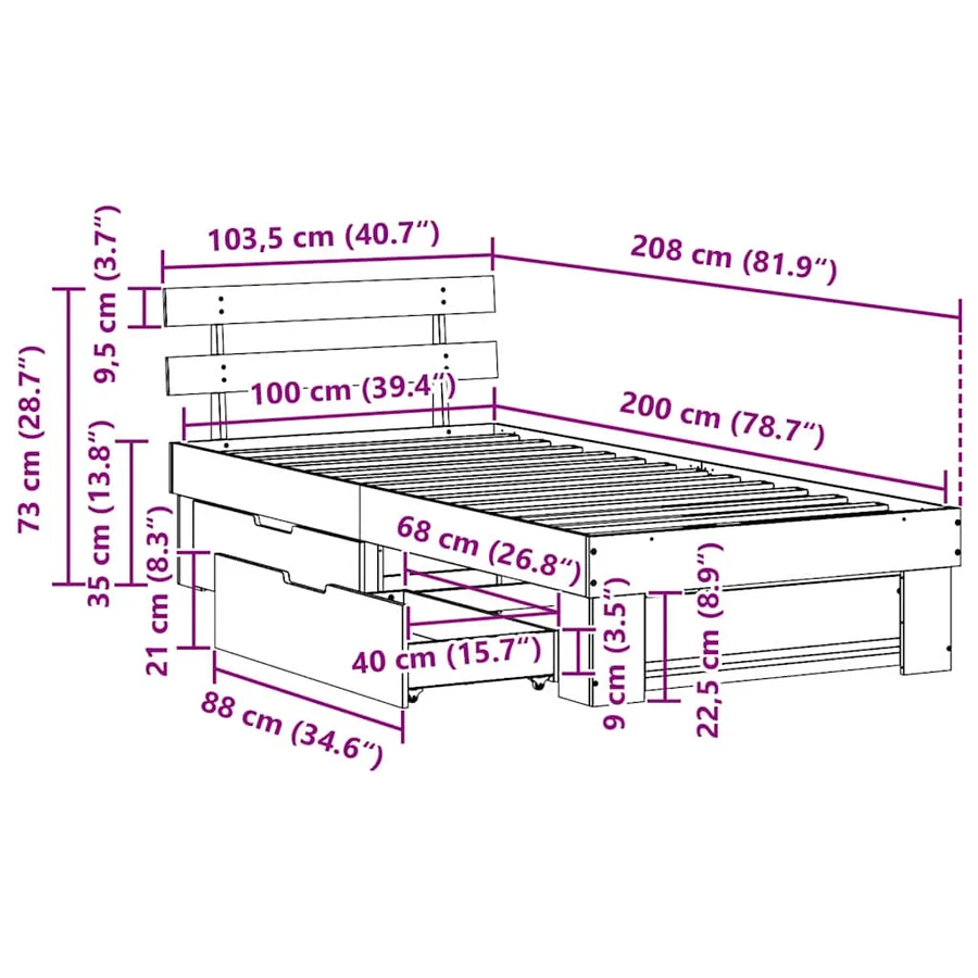 Cadre de lit avec tête de lit Naturel 100 x 200 cm Pin massif - 14