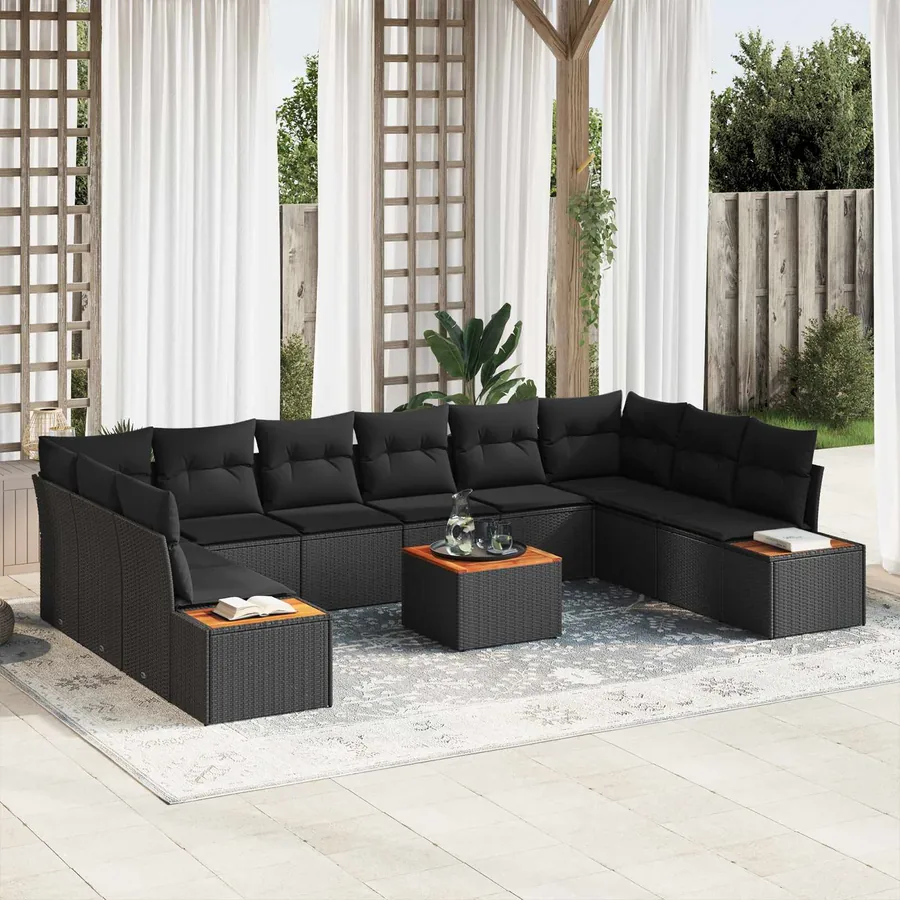 Ensemble de canapé de jardin avec coussin 10 pcs Noir Polyrotin