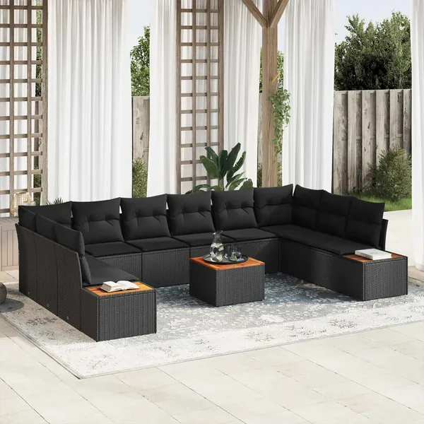 Ensemble de canapé de jardin avec coussin 10 pcs Noir Polyrotin
