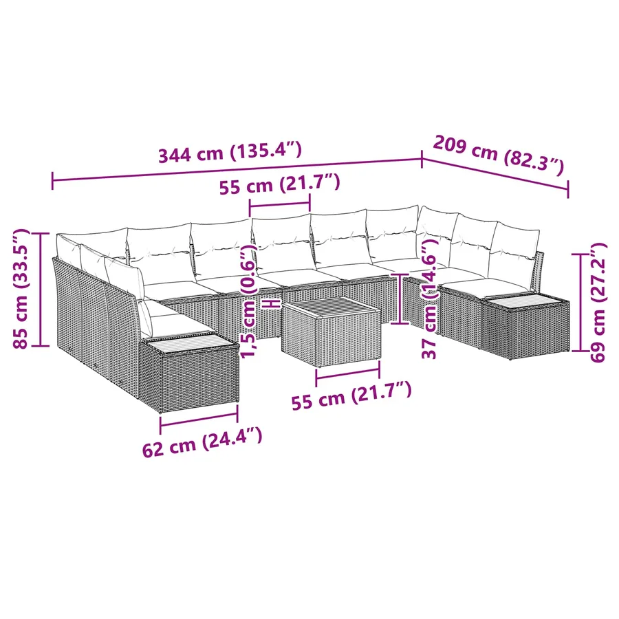 Ensemble de canapé de jardin avec coussin 10 pcs Noir Polyrotin - 13