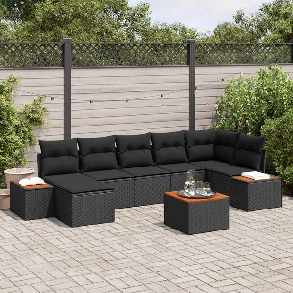 Ensemble de canapé de jardin avec coussin 8 pcs Noir Polyrotin